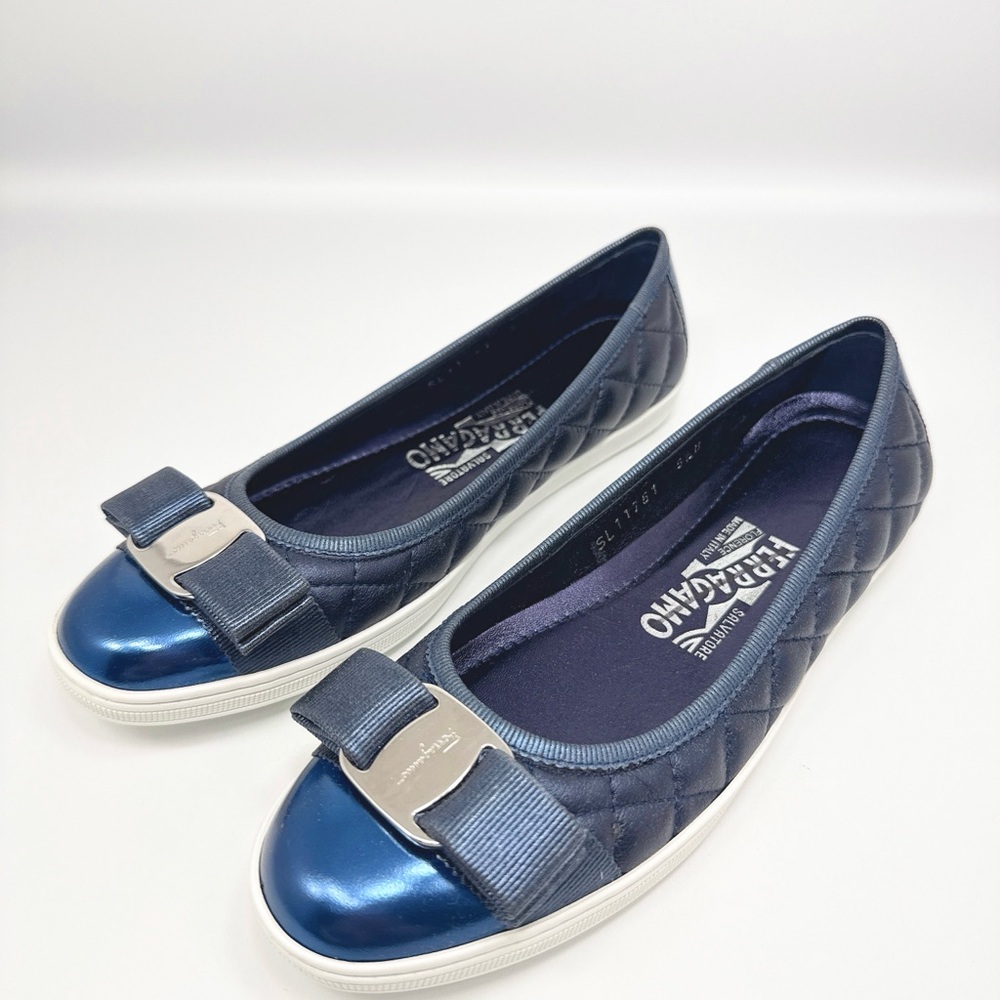 Salvatore Ferragamo Metallic Blue Quilted Leather Bow Ballet Flats
